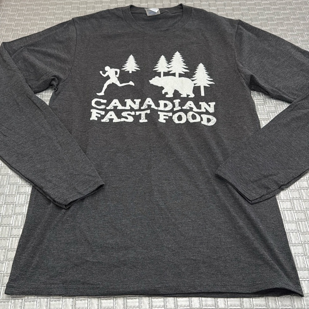 Port & Company Canadian Fast Food Bear Chase Graphic Long Sleeve Tee Gray S